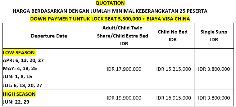 HARGA JIUZHAIGOU ZHANGJIAJIE
